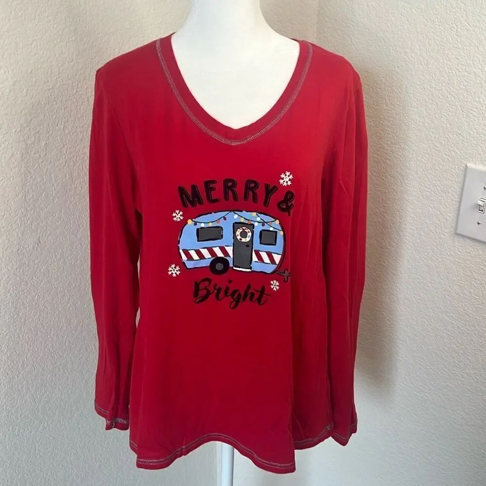 Secret Treasures Merry & Bright Holiday V-Neck Pajama Top ~ Size M (8-10)